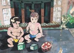 mural of two babies on a picnic blanket