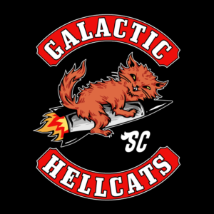 Logo for Galactic Hellcats Spaceship Club with cat riding a rocket