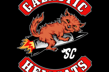 Logo for Galactic Hellcats Spaceship Club with cat riding a rocket